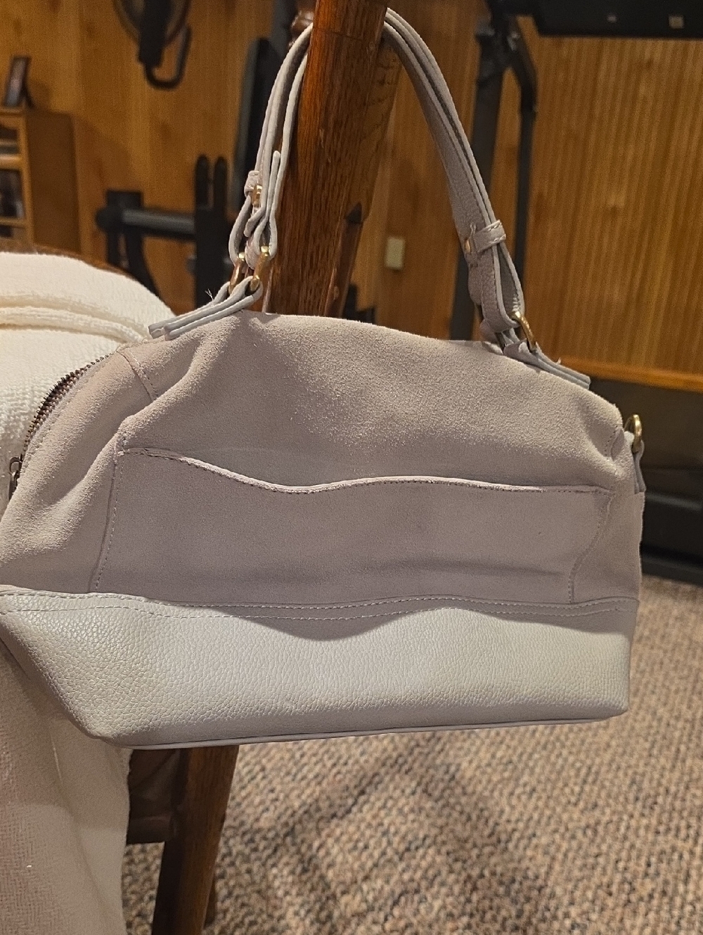 Imitation Suede and Leather Accent Women's Satchel Bag in Light Gray